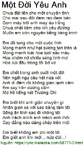 Lời Bài Hát Chưa Đặt Tên Cho Một Chuyện Tình (một Đời Yêu Anh) - Trần Thiện Thanh